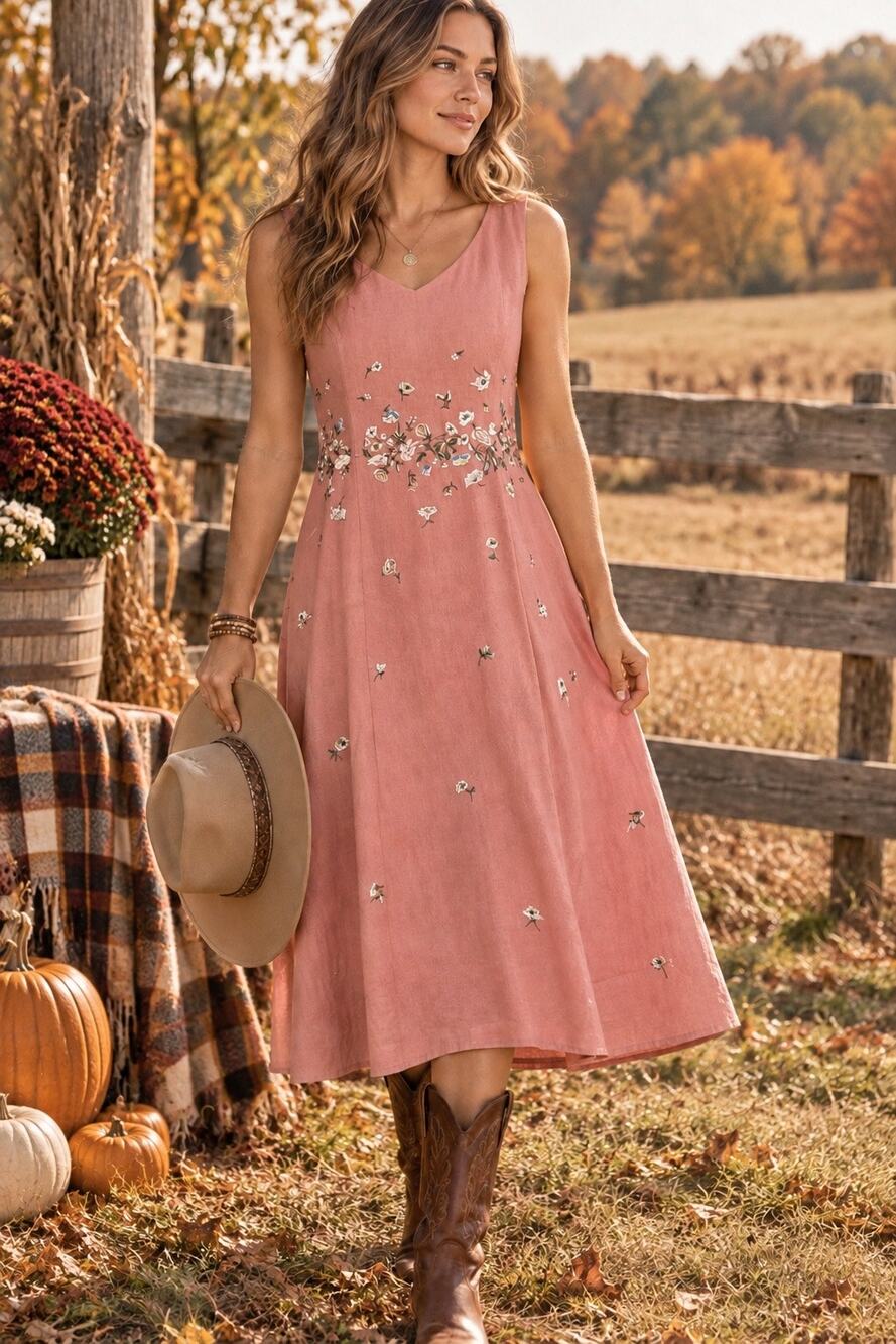 Vtg 90s Chadwick’s Country Cottage Pink Linen Floral Embroidered Midi Dress 12